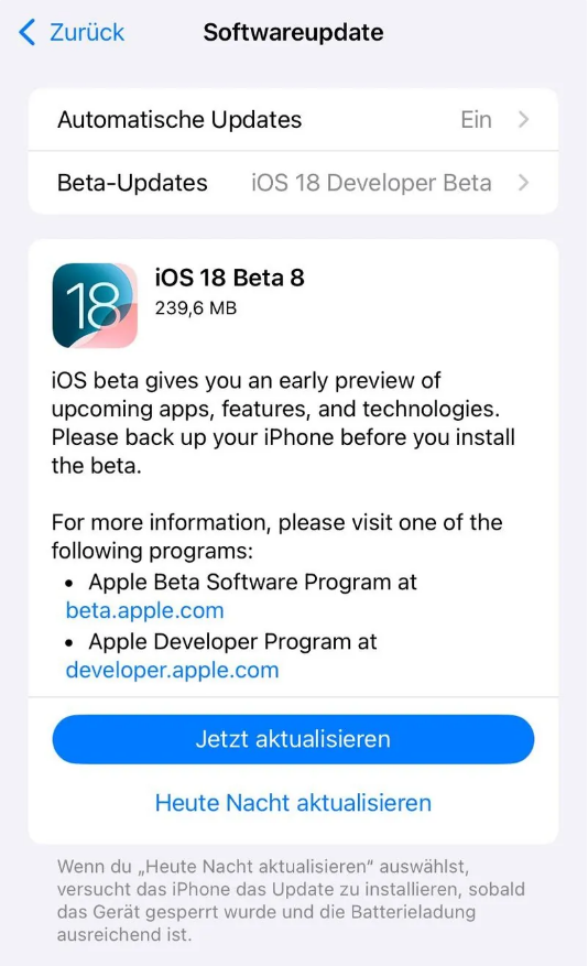 左云苹果手机维修分享苹果 iOS / iPadOS 18 开发者预览版 Beta 8 发布 